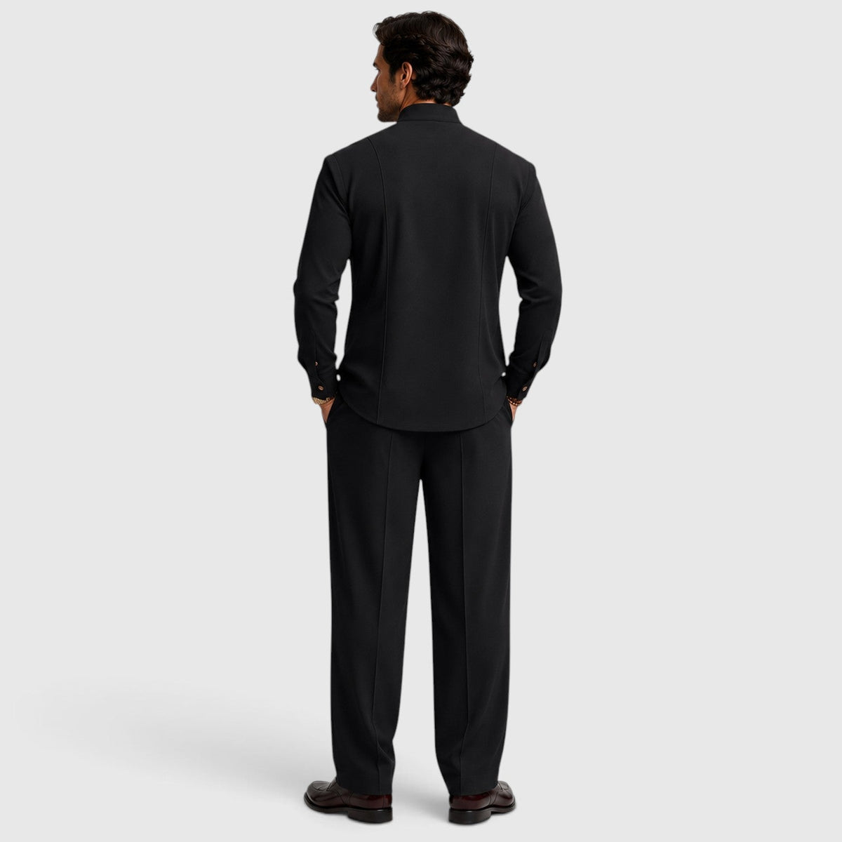 Men's Modern Mandarin Collar Two-Piece Set with Wide-Leg Trousers
