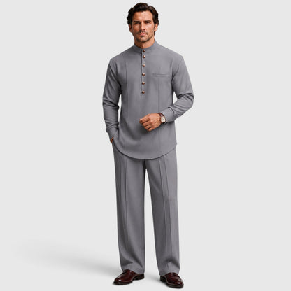 Men's Modern Mandarin Collar Two-Piece Set with Wide-Leg Trousers