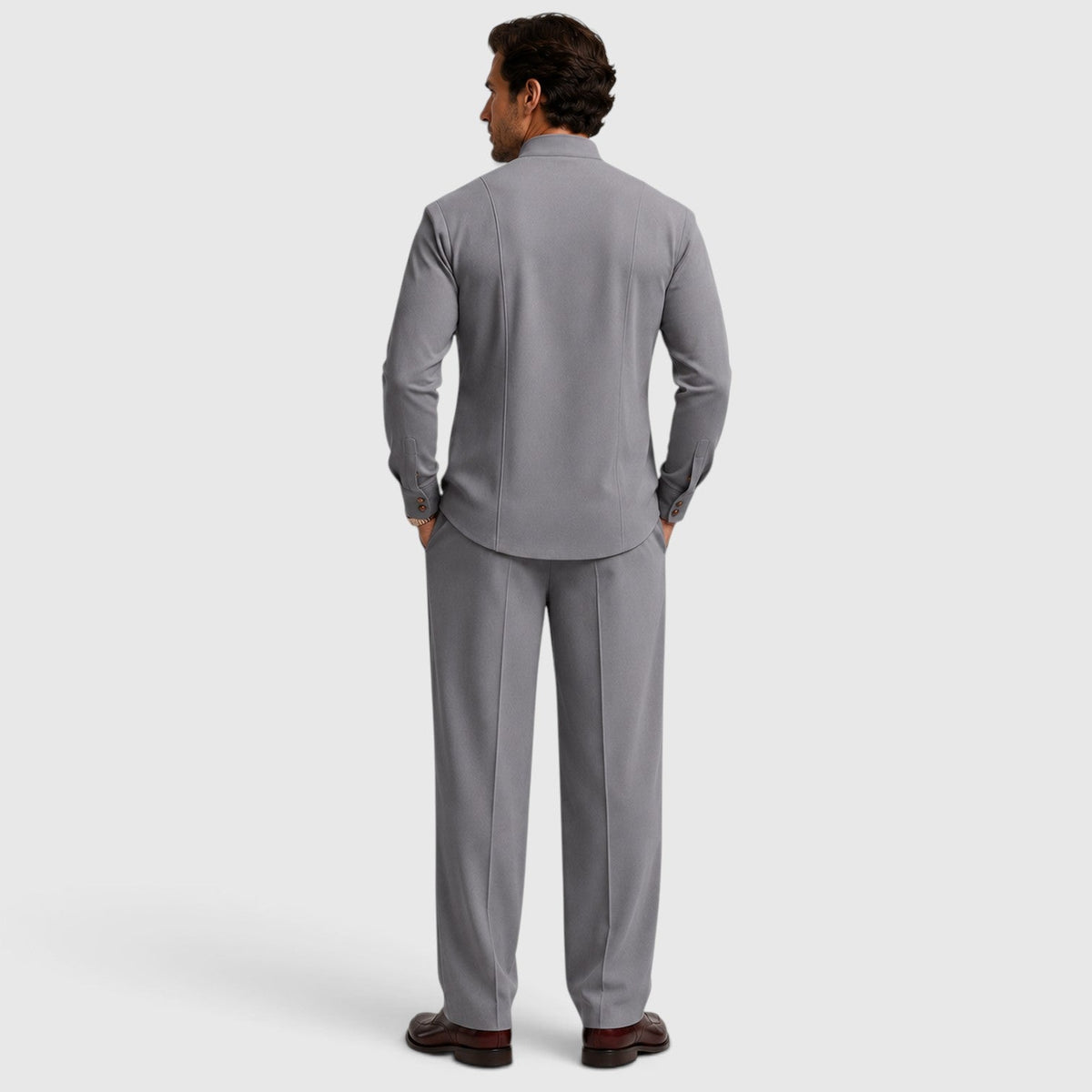 Men's Modern Mandarin Collar Two-Piece Set with Wide-Leg Trousers