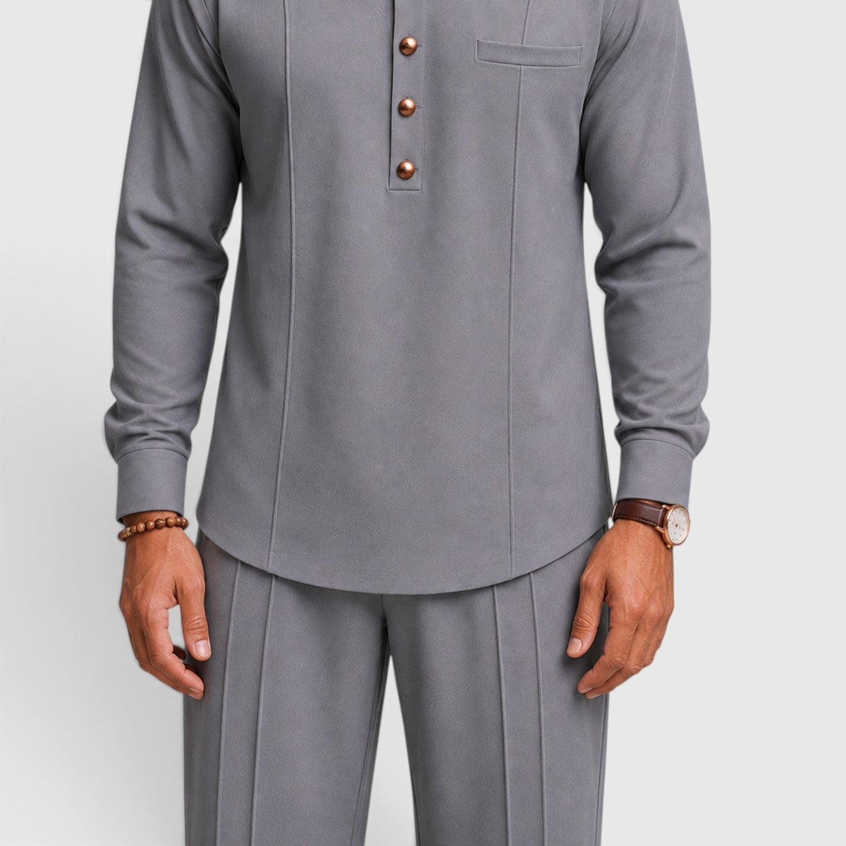 Men's Modern Mandarin Collar Two-Piece Set with Wide-Leg Trousers