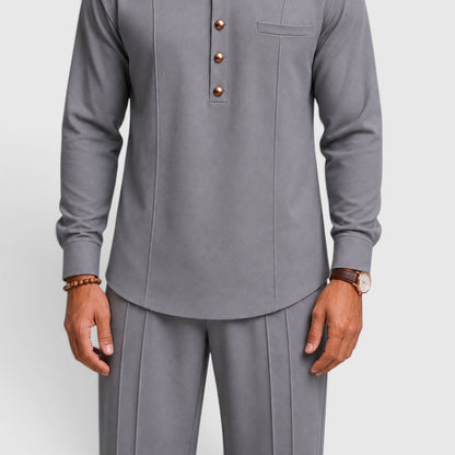 Men's Modern Mandarin Collar Two-Piece Set with Wide-Leg Trousers