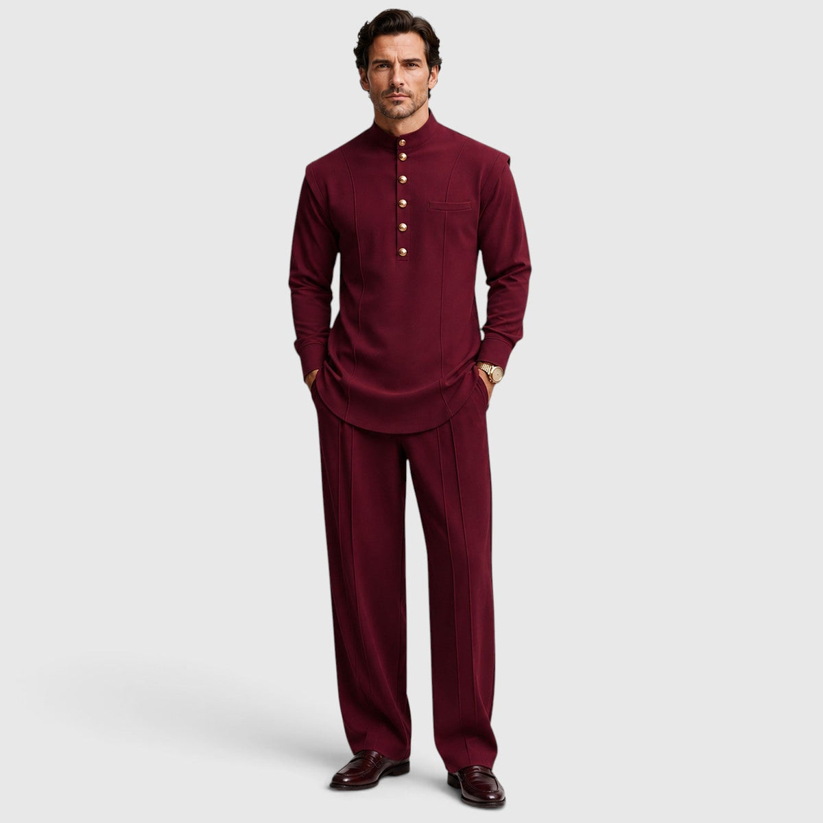Men's Modern Mandarin Collar Two-Piece Set with Wide-Leg Trousers