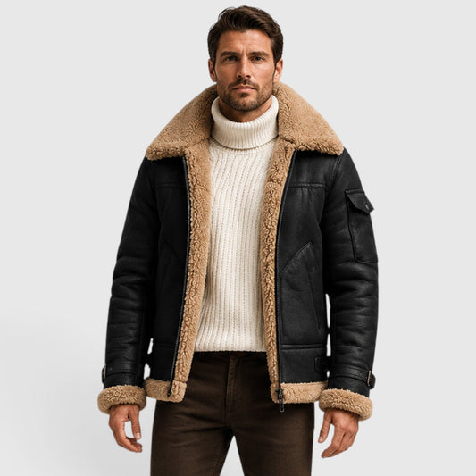 Men's Stylish Shearling Leather Jacket with Faux Fur Lining