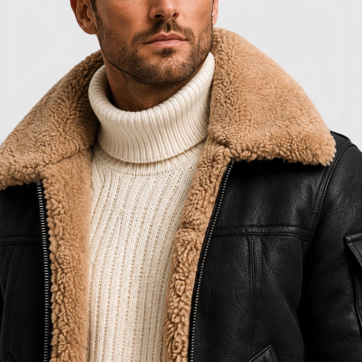 Men's Stylish Shearling Leather Jacket with Faux Fur Lining