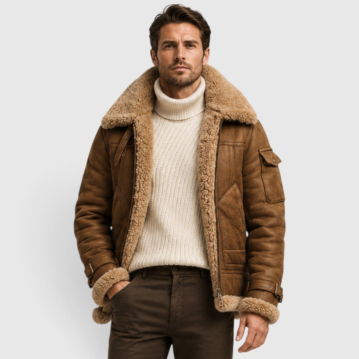 Men's Stylish Shearling Leather Jacket with Faux Fur Lining