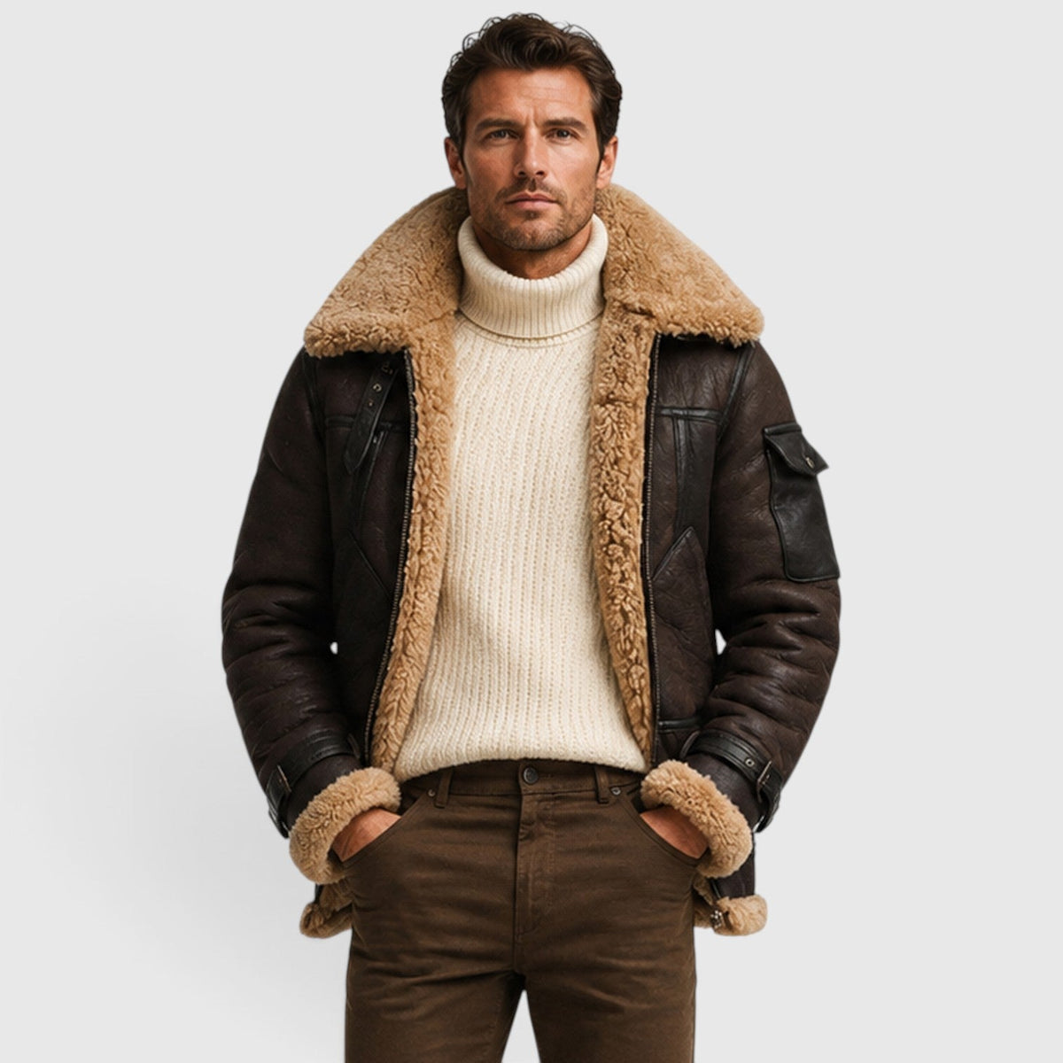 Men's Stylish Shearling Leather Jacket with Faux Fur Lining