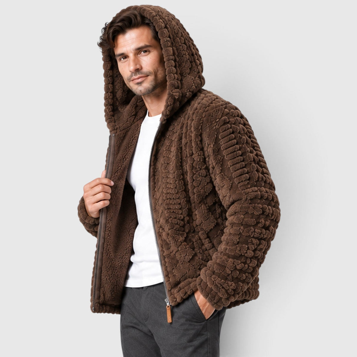 Men's Windproof Fleece Hooded Jacket with Full Zip