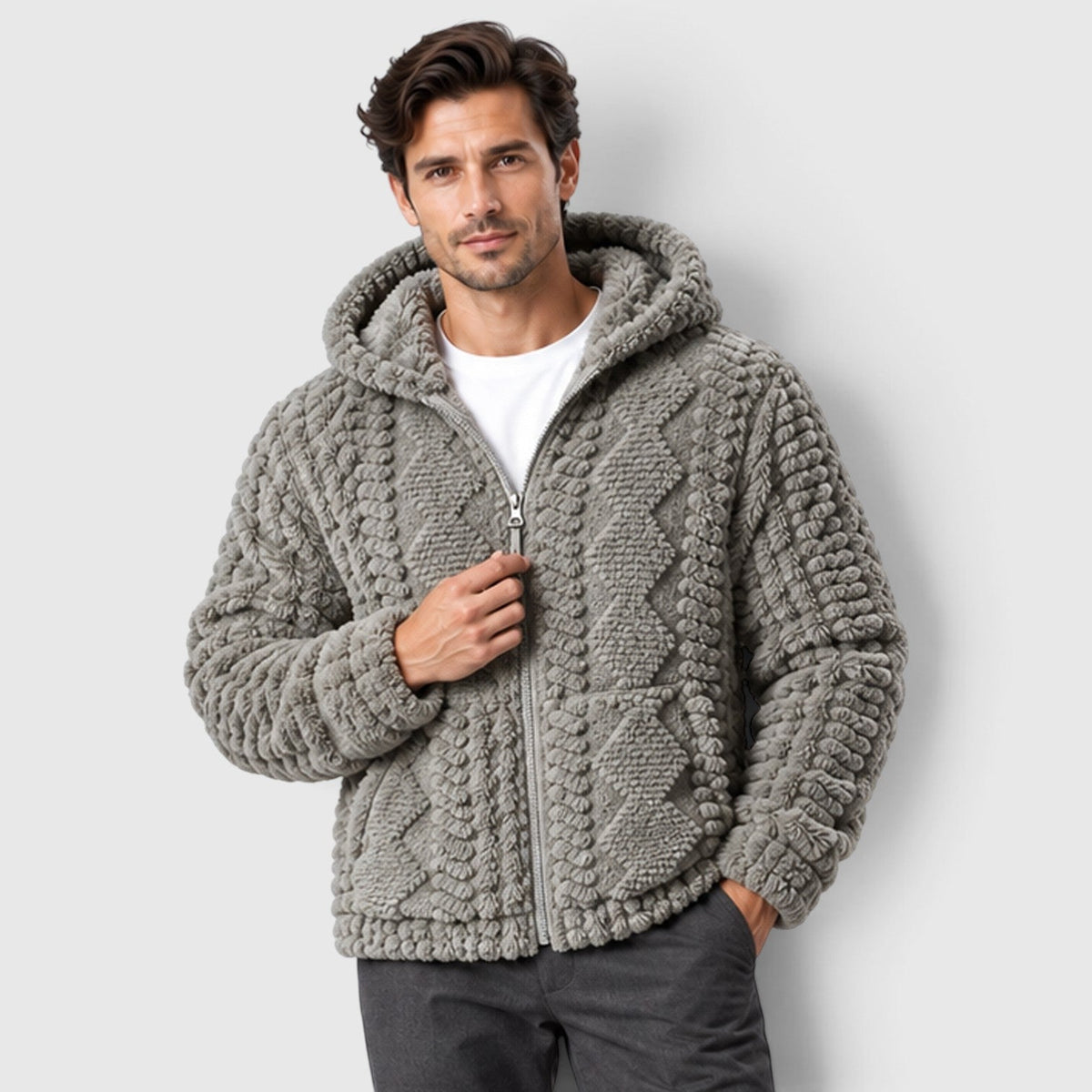 Men's Windproof Fleece Hooded Jacket with Full Zip