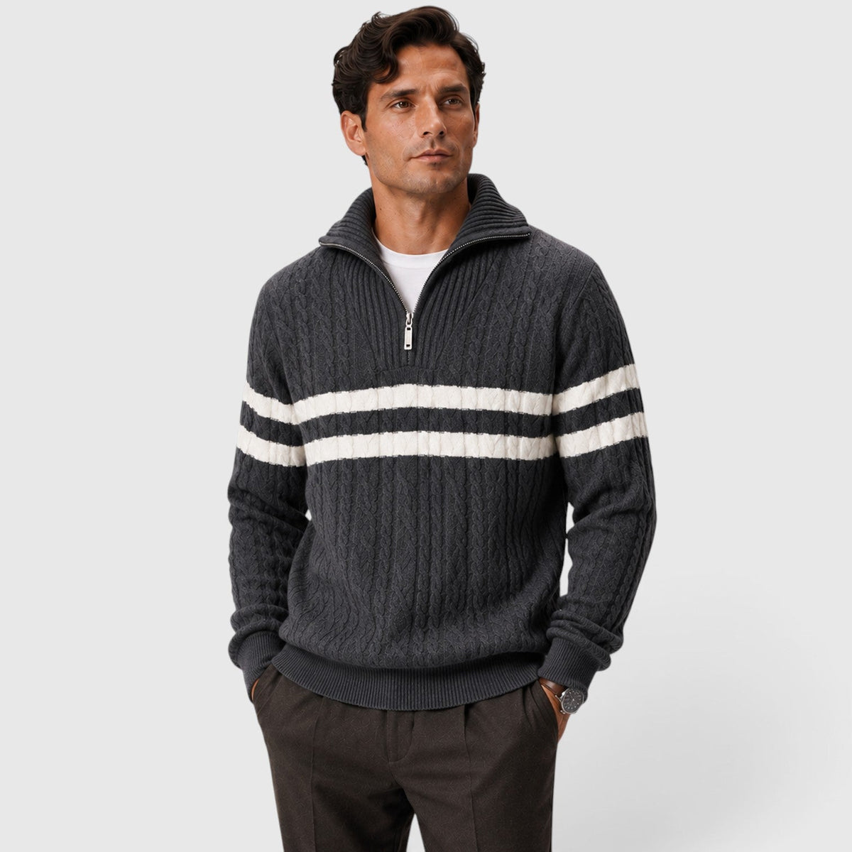 Men's Stylish Cable Knit Half-Zip Jumper with Striped Design
