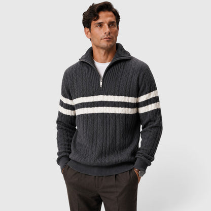 Men's Stylish Cable Knit Half-Zip Jumper with Striped Design