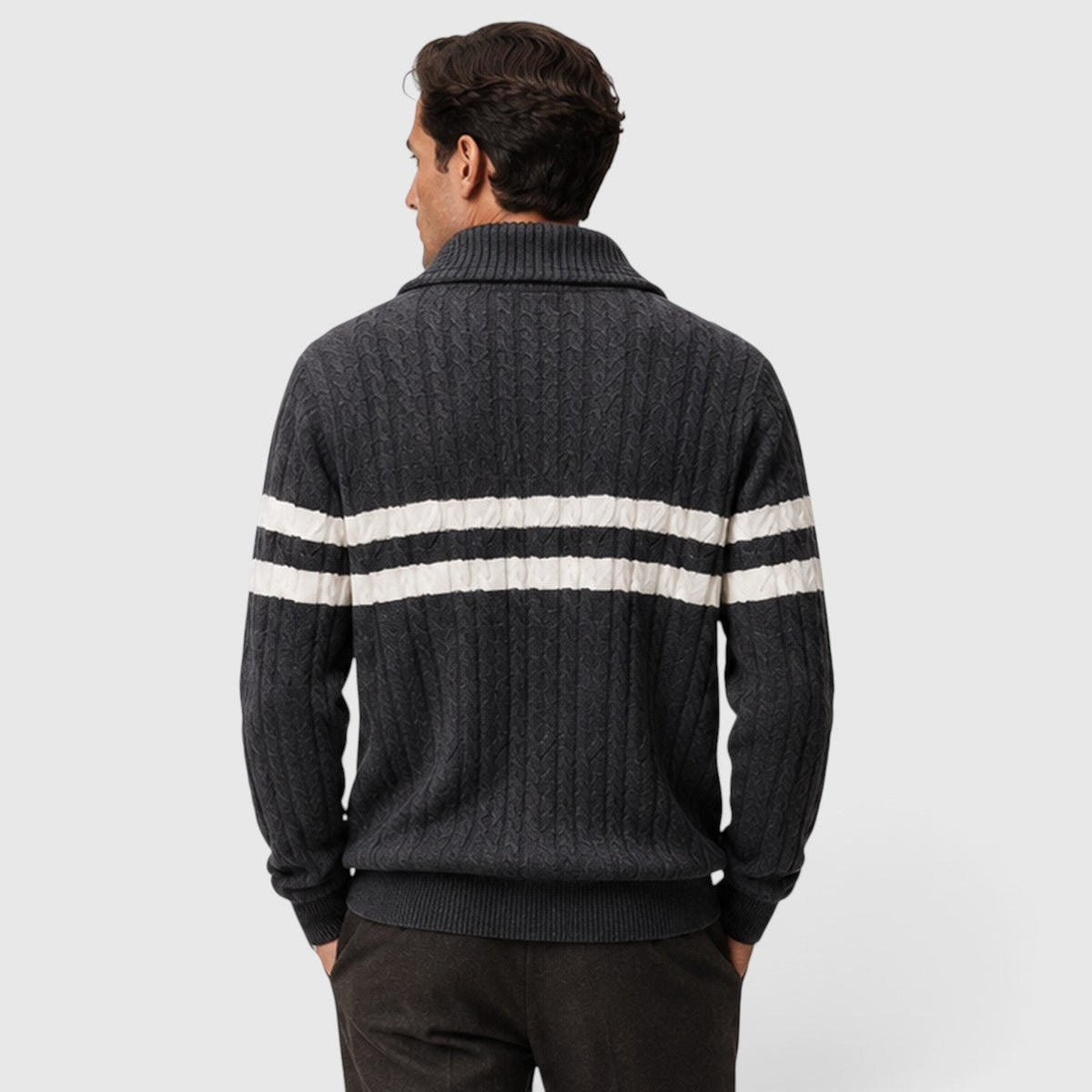 Men's Stylish Cable Knit Half-Zip Jumper with Striped Design