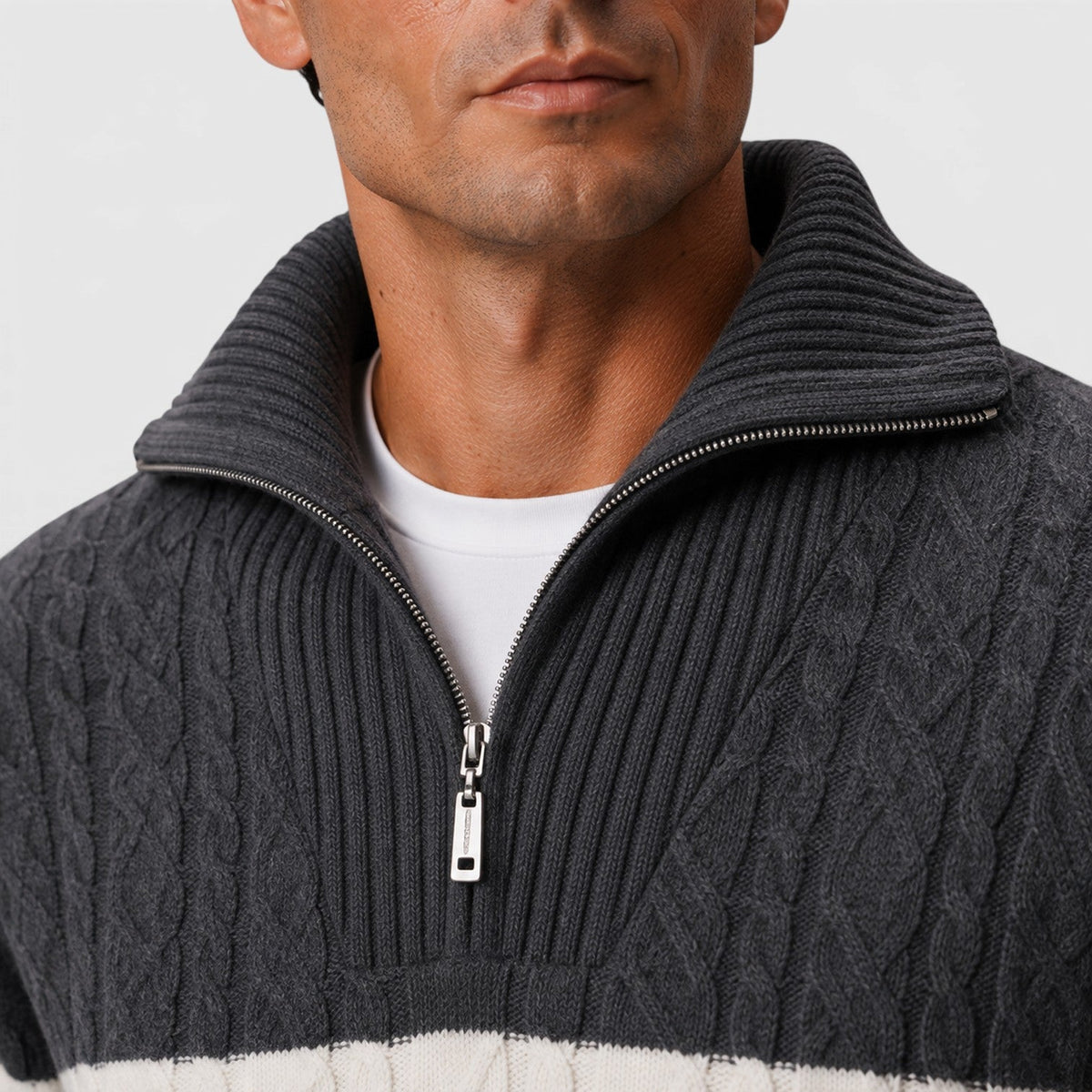 Men's Stylish Cable Knit Half-Zip Jumper with Striped Design