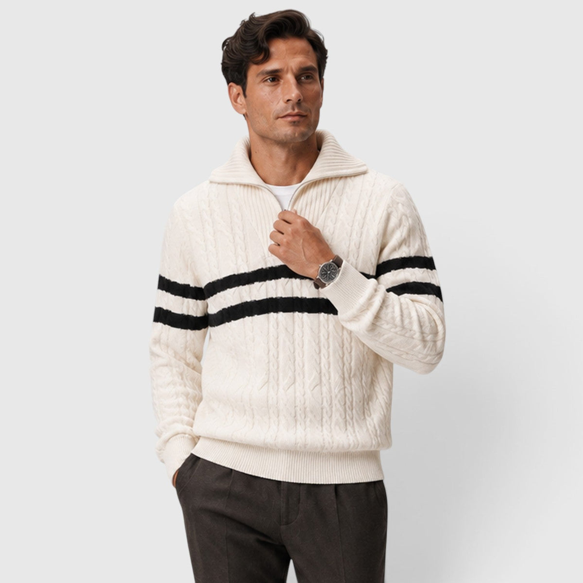 Men's Stylish Cable Knit Half-Zip Jumper with Striped Design