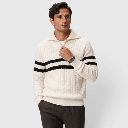 Men's Stylish Cable Knit Half-Zip Jumper with Striped Design