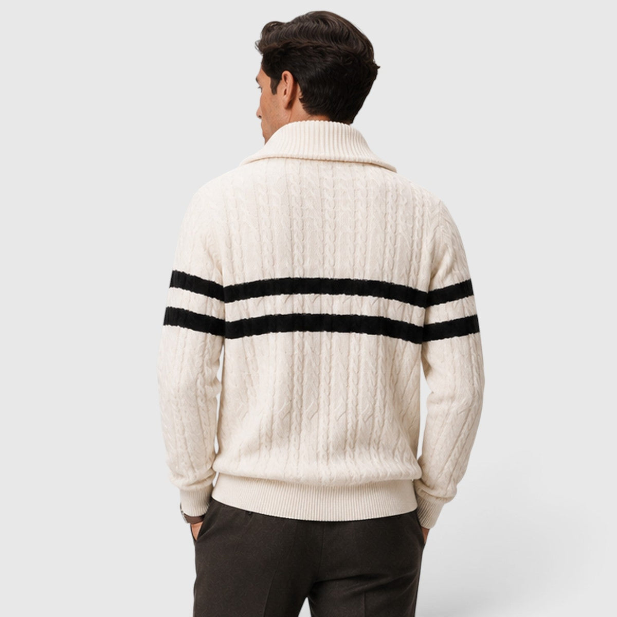 Men's Stylish Cable Knit Half-Zip Jumper with Striped Design