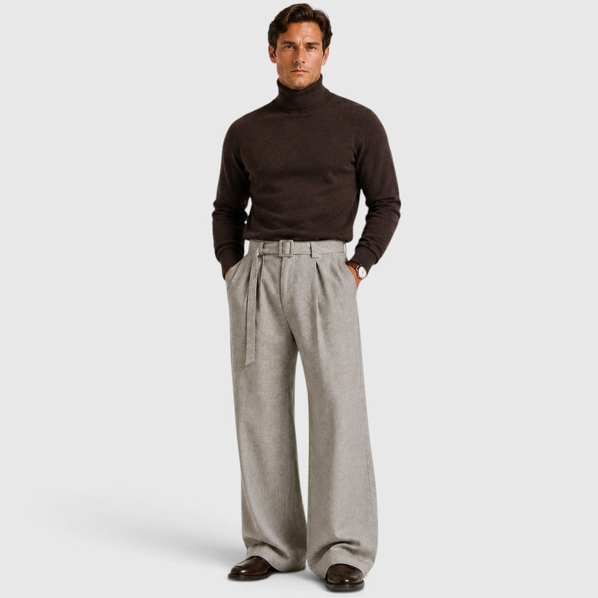 Men's Classic Pleated Straight Leg Dress Trousers