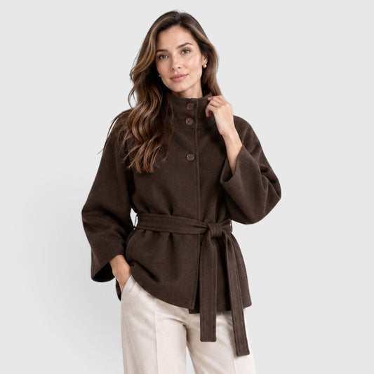 Women's Stylish Wool Blend Belted Cape Jacket with Waist Tie