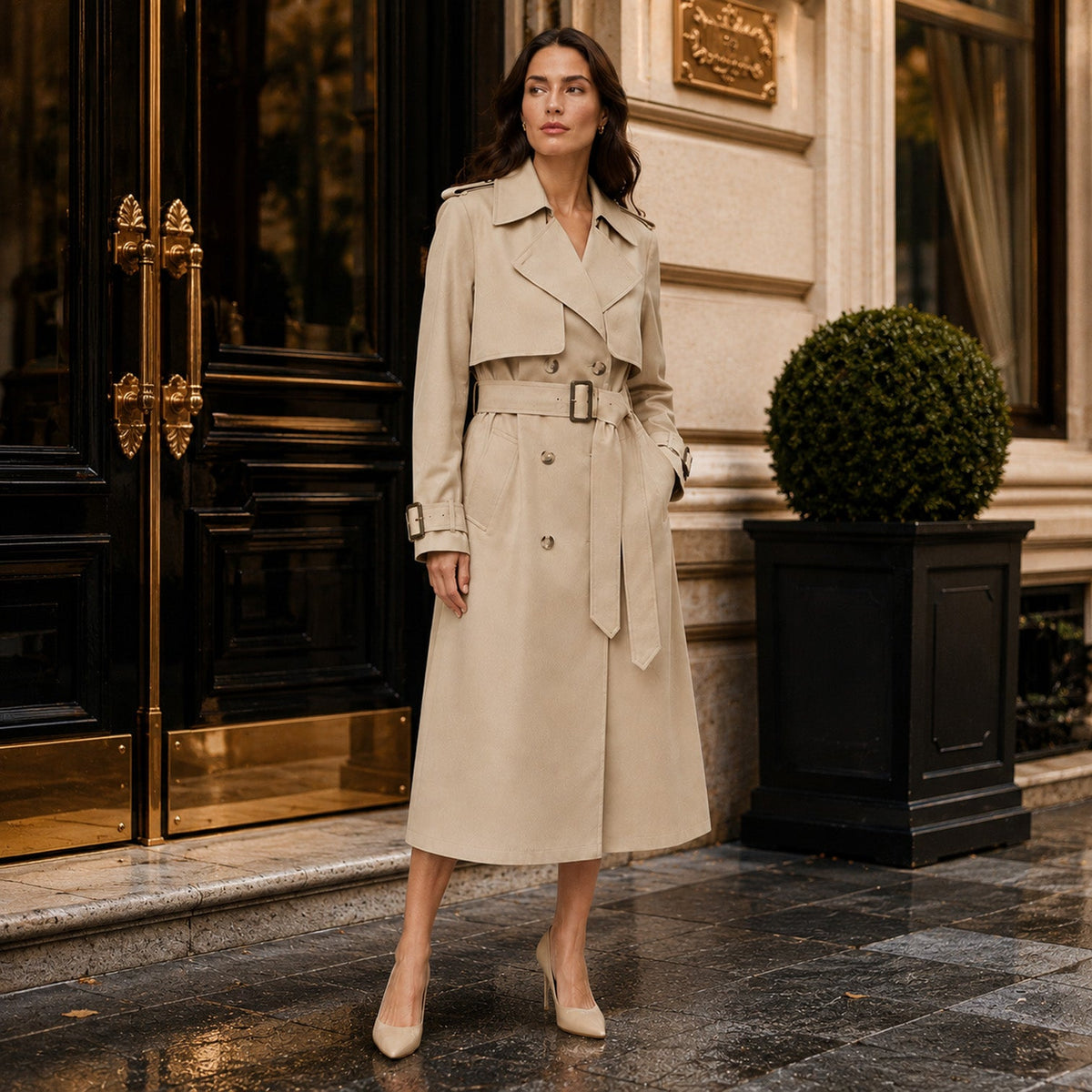 Women's Classic Belted Long Wool Blend Trench Coat Beige