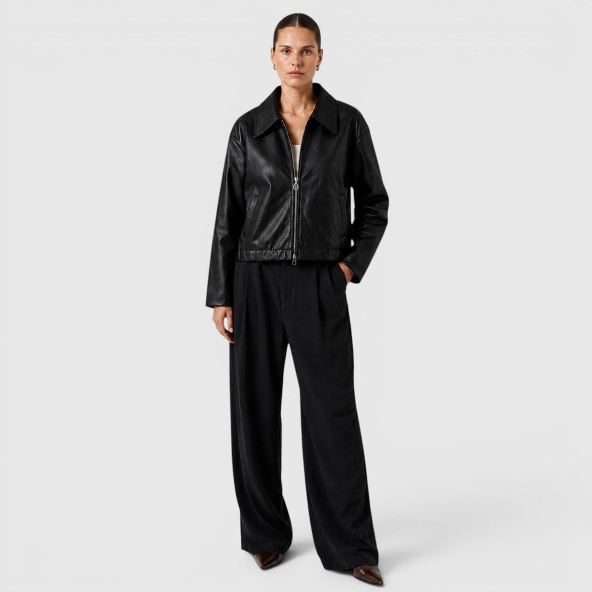 Women's Stylish Leather Zip Jacket with Pockets