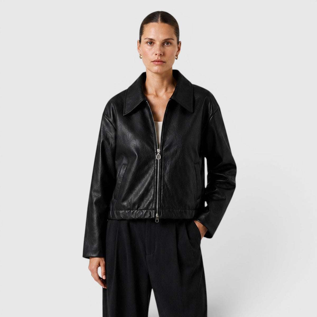 Women's Stylish Leather Zip Jacket with Pockets