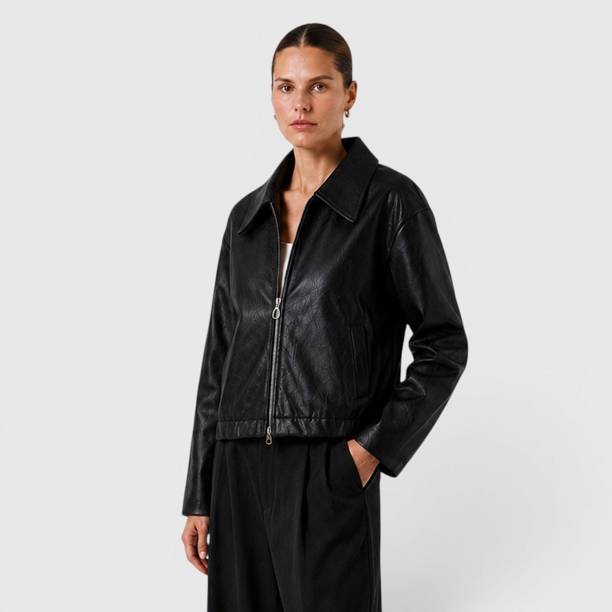 Women's Stylish Leather Zip Jacket with Pockets
