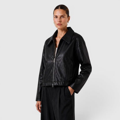 Women's Stylish Leather Zip Jacket with Pockets