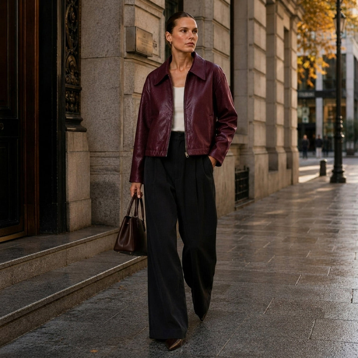Women's Stylish Leather Zip Jacket with Pockets