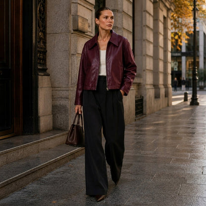 Women's Stylish Leather Zip Jacket with Pockets