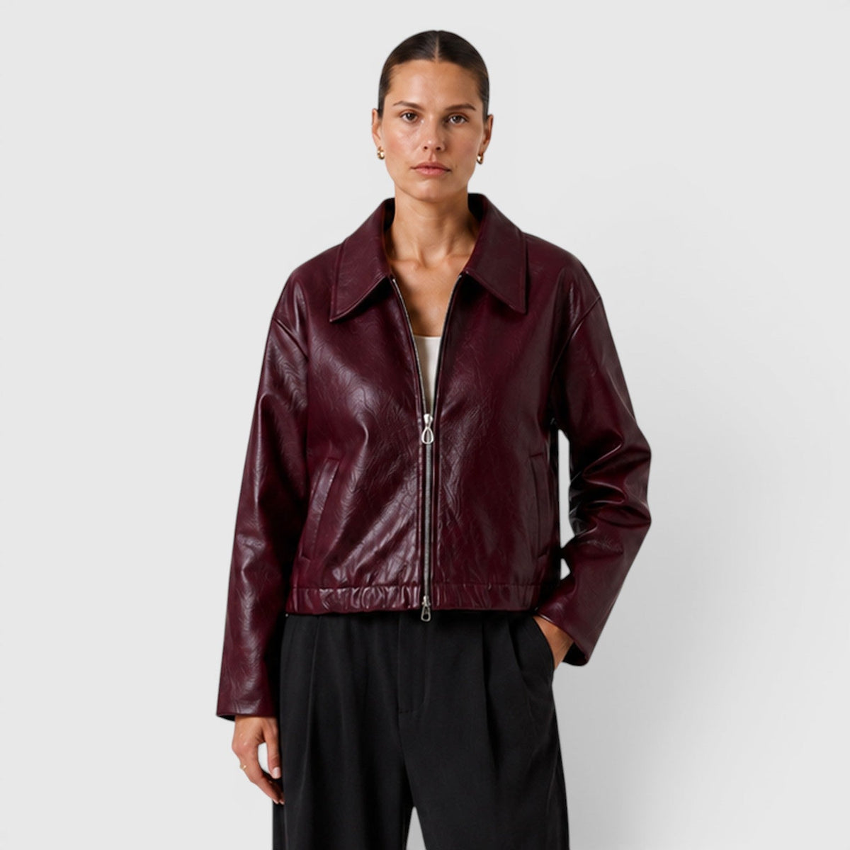 Women's Stylish Leather Zip Jacket with Pockets