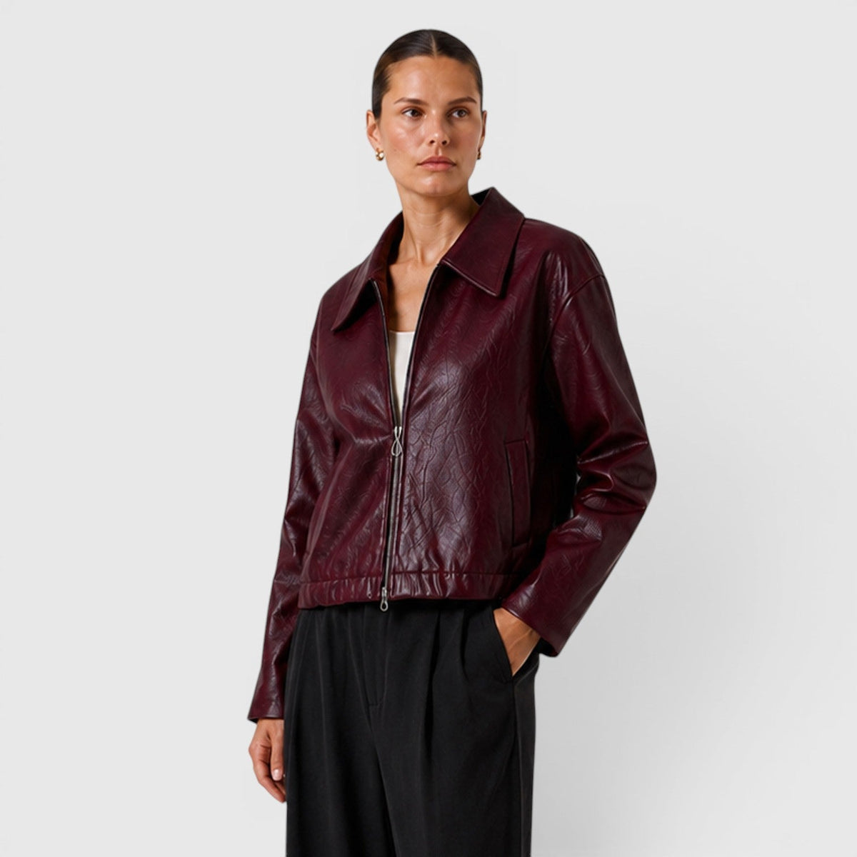 Women's Stylish Leather Zip Jacket with Pockets