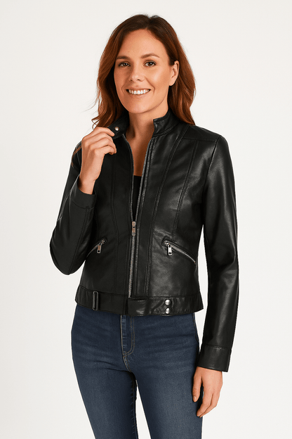 Short Faux Leather Biker Jacket for Women - OutfitLondon