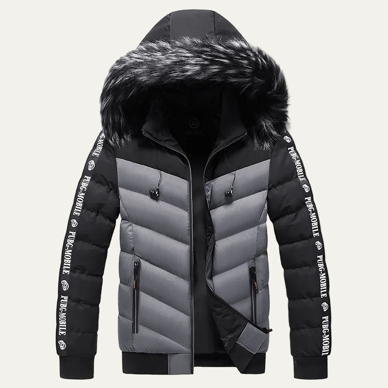 Men's Black White Padded Hooded Parka Jacket