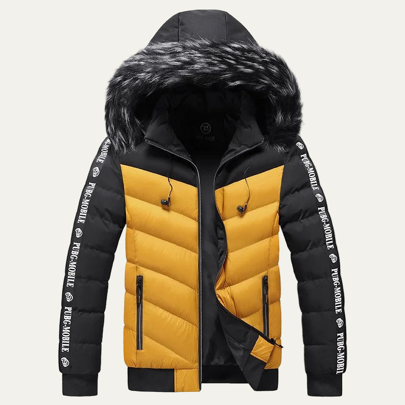 Men's Black White Padded Hooded Parka Jacket