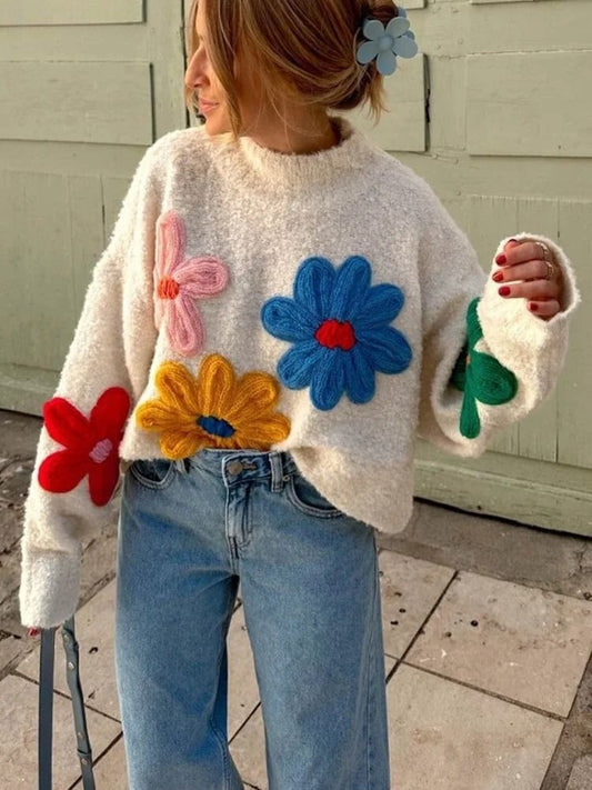 Soft Floral Crew Neck Winter Sweater for Women - OutfitLondon