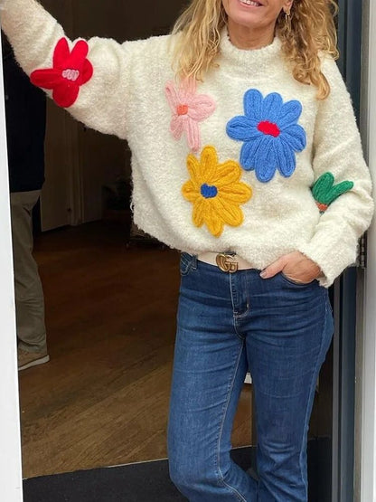Soft Floral Crew Neck Winter Sweater for Women