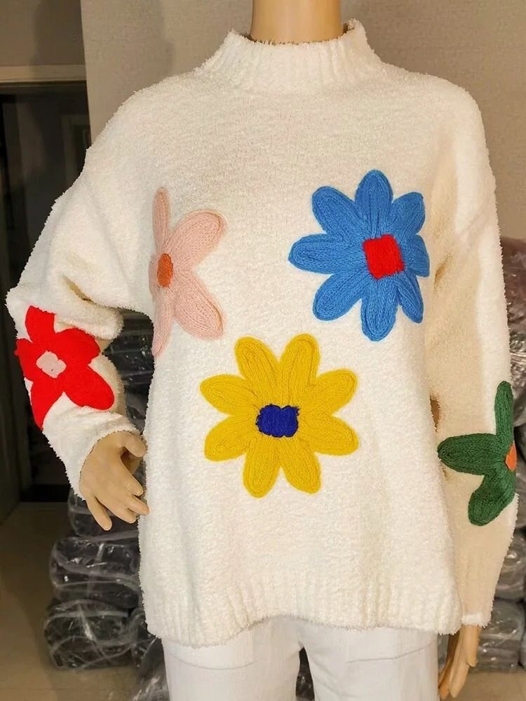 Soft Floral Crew Neck Winter Sweater for Women