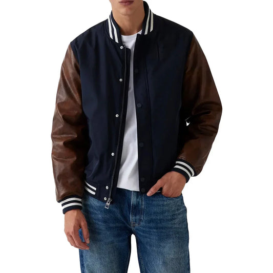 Men's Wool Navy Varsity Jacket Leather Sleeves 22oz - OutfitLondon