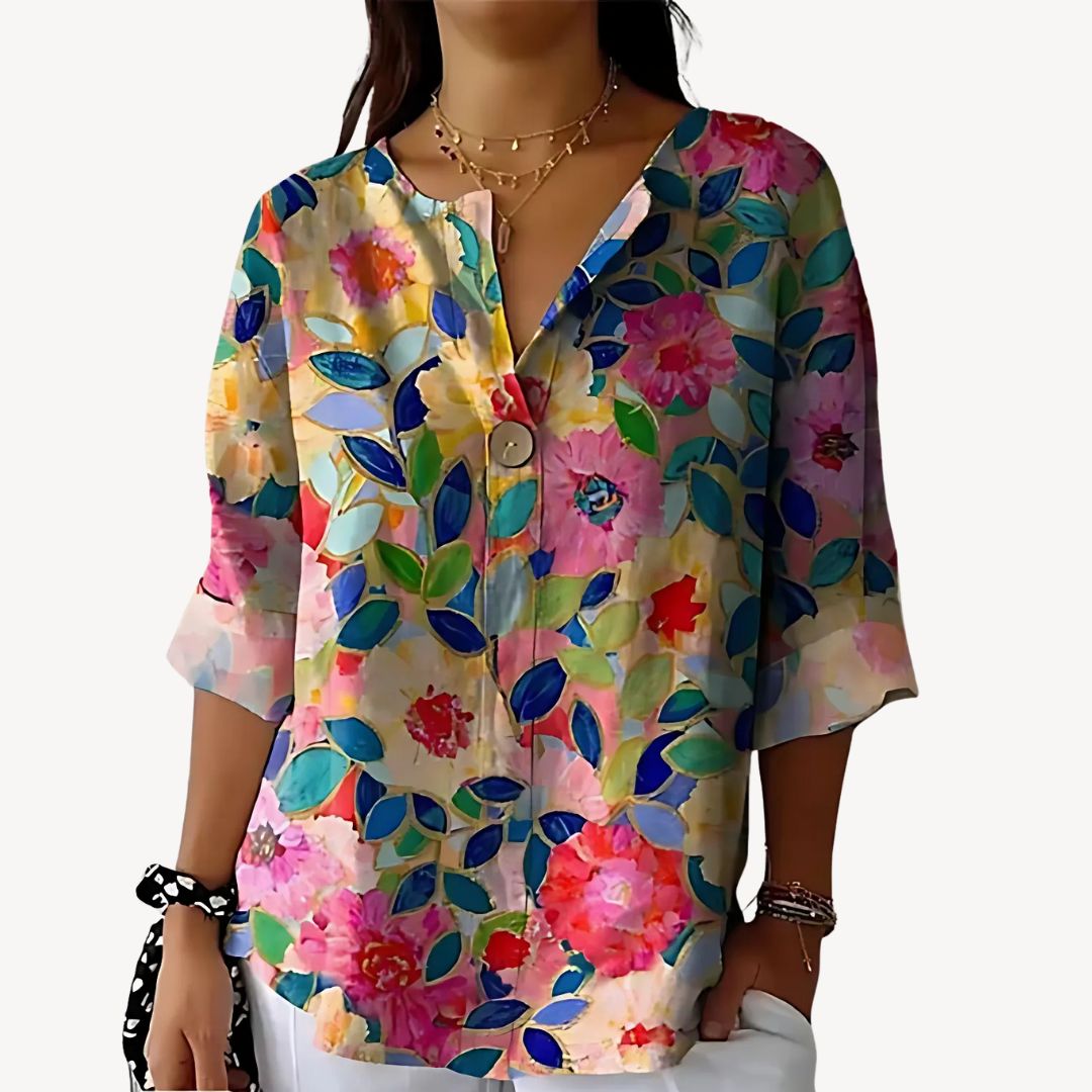 Pretty Flower Short Sleeve Ladies Blouse