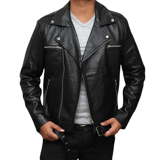 Men's Leather Moto Jacket Black Belted Asymmetrical - OutfitLondon