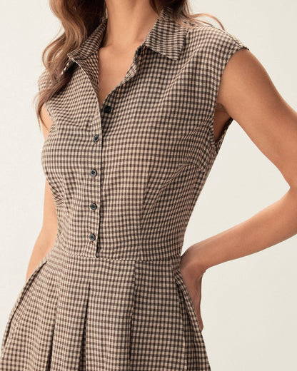Noelle | Pleated Fit Brown Plaid Ladies Day Midi Dress