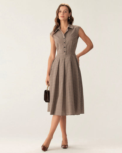 Noelle | Pleated Fit Brown Plaid Ladies Day Midi Dress