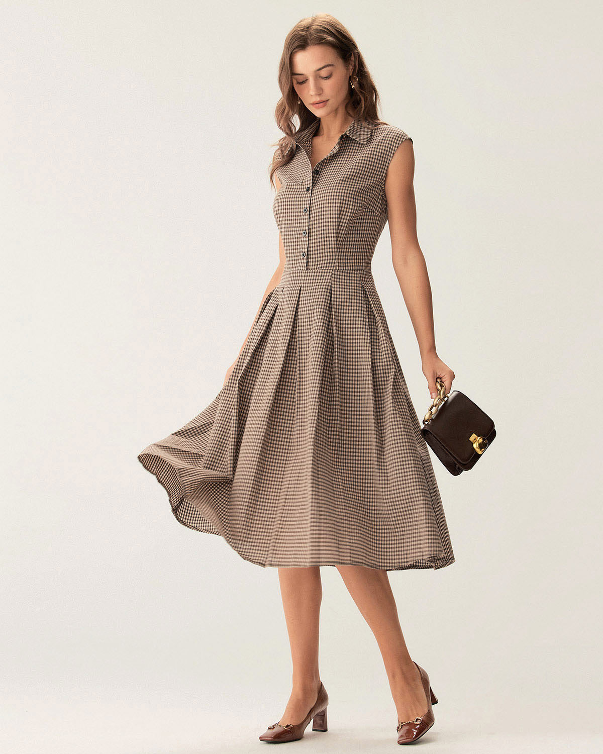 Noelle | Pleated Fit Brown Plaid Ladies Day Midi Dress