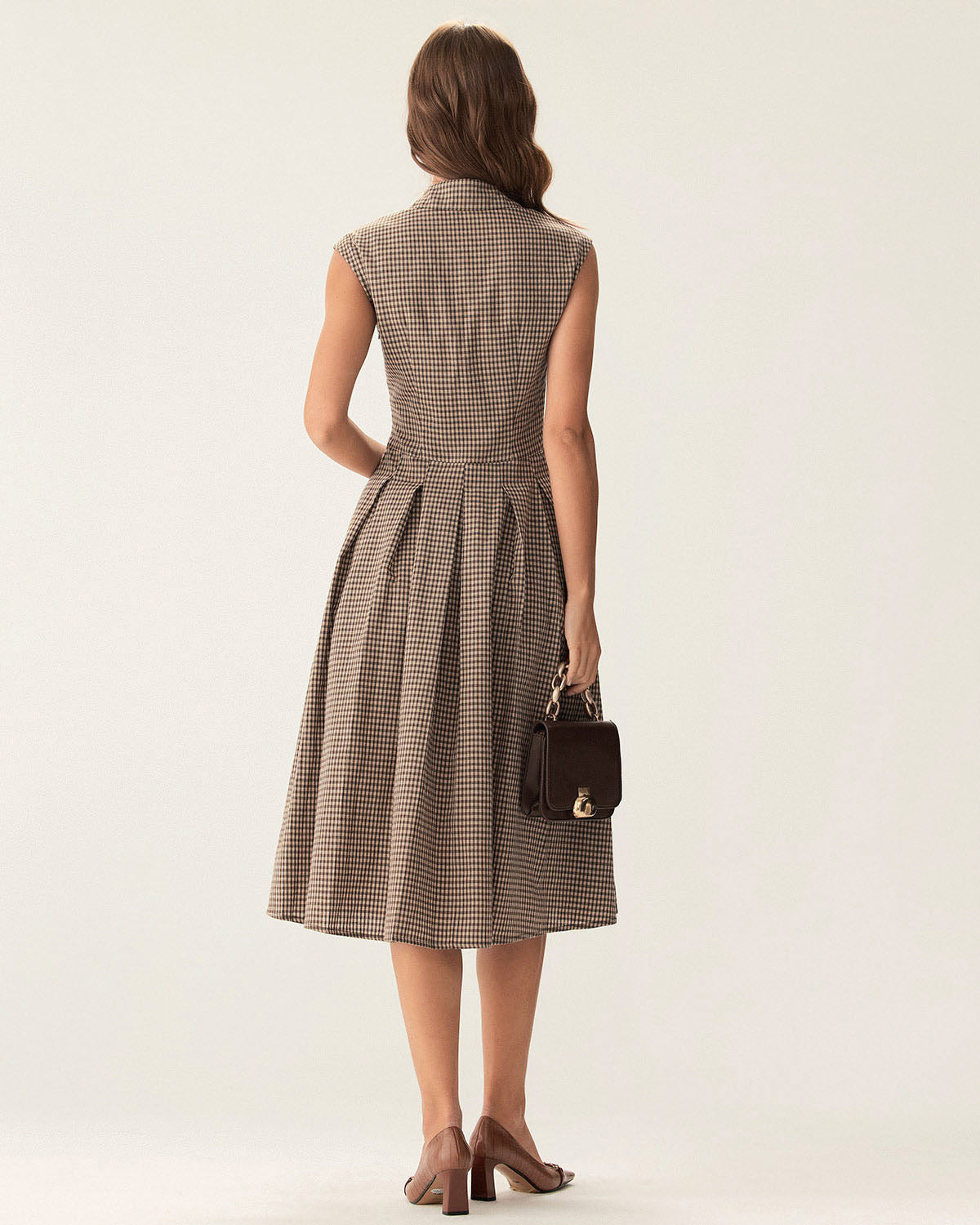 Noelle | Pleated Fit Brown Plaid Ladies Day Midi Dress