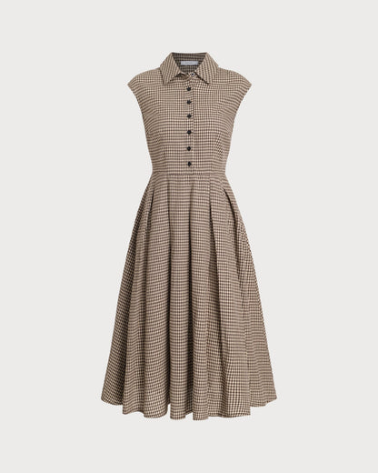 Noelle | Pleated Fit Brown Plaid Ladies Day Midi Dress