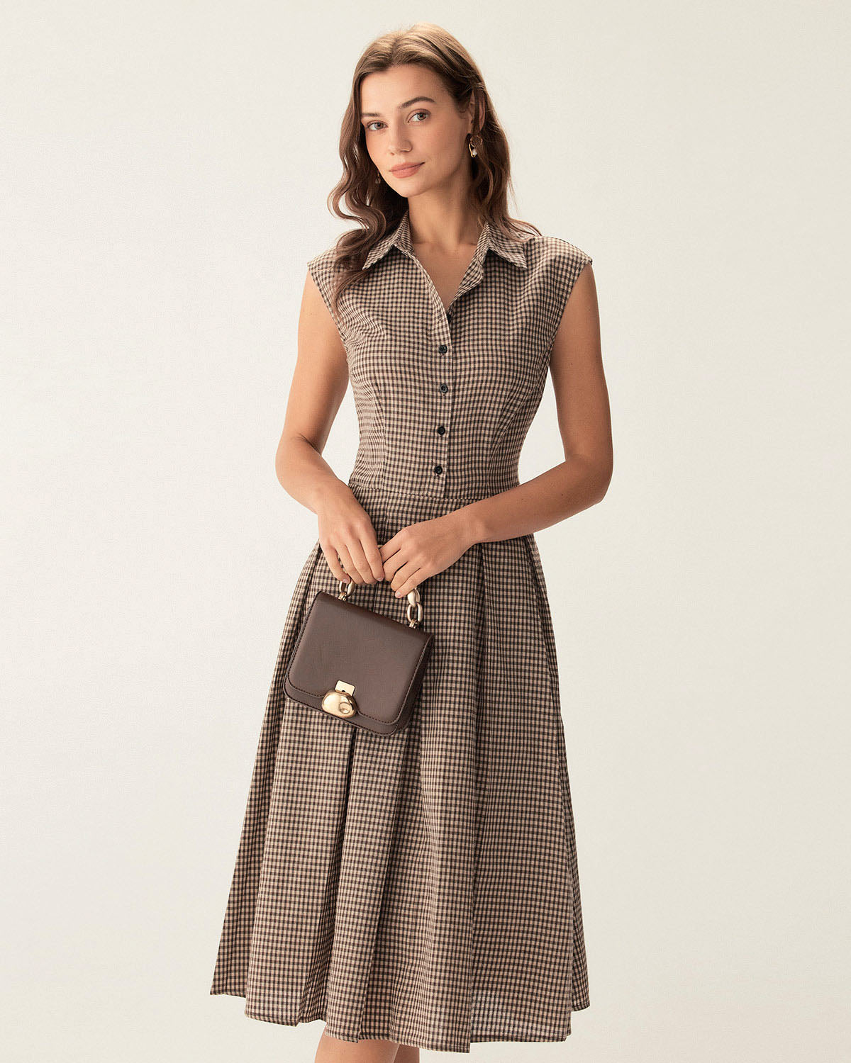 Classic Plaid Midi Dress for Women in Brown - OutfitLondon
