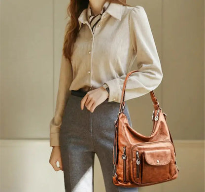 Practical Multi Pocket Leather Tote Bag