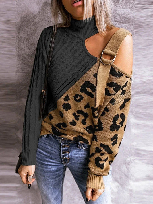Cold Weather Leopard Off Shoulder Sweater - OutfitLondon