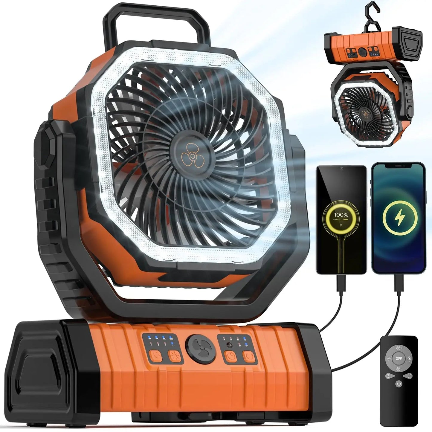 Compact Camping Fan with LED Light and USB Charger
