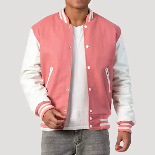 Men's Wool Varsity Jacket Pink White Leather Ribbed Collar - OutfitLondon