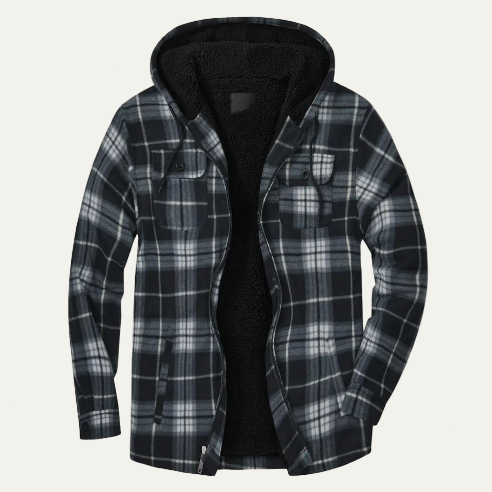 Warm Plaid Hooded Jacket for Men with Fleece Lining